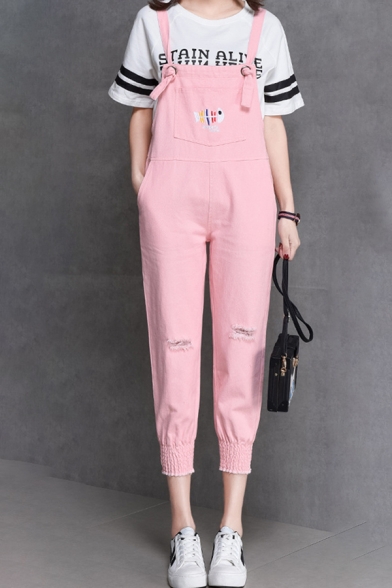 Stylish Fish Bone Letter Embroidered Pocket Detail Ripped Off Design Overall Jumpsuit