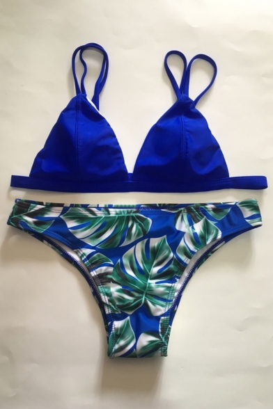 Women's Fashion Leaf Print Spaghetti Straps Simple Bikini Swimwear
