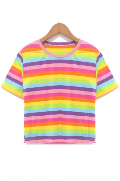 Colorful Striped Printed Round Neck Short Sleeve Crop Tee