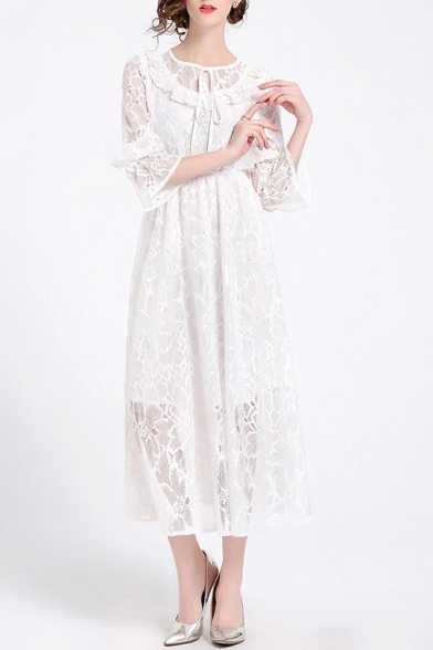 Floral Embroidered 3/4 Length Sleeve Round Neck Maxi A-Line Dress