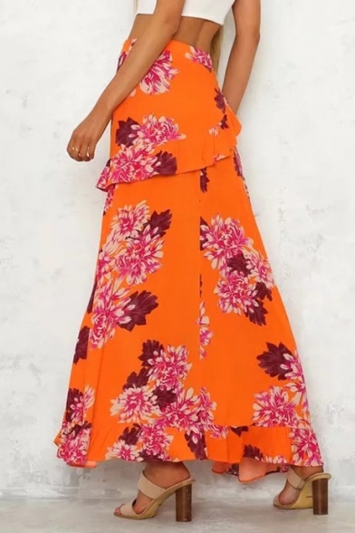 Holiday Floral Printed Ruffle Detail Maxi Asymmetric Hem Skirt
