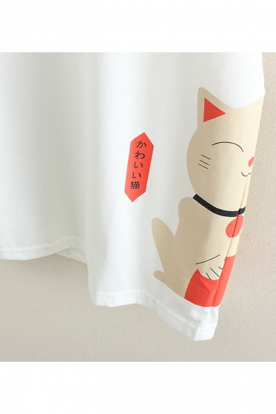Japanese Cat Printed Round Neck Short Sleeve Tee