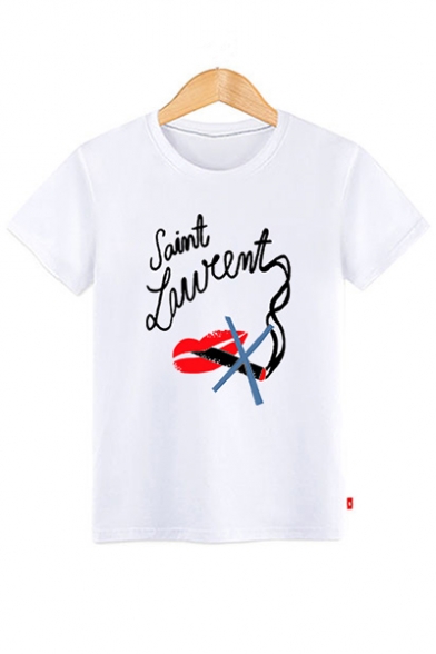 Lip Letter Printed Round Neck Short Sleeve Tee