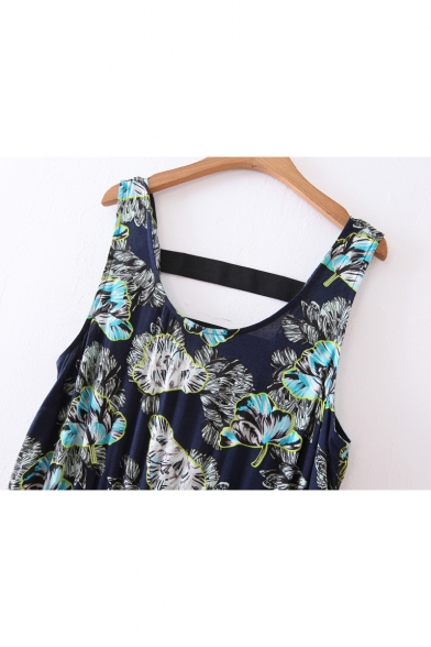 Loose Floral Printed Round Neck Sleeveless Hollow Out Back Elastic Waist Jumpsuit