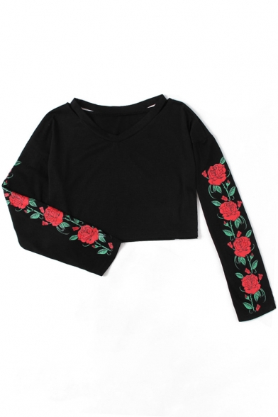 

New Fashion Floral Printed Hollow Out Detail Long Sleeve Crop Tee, LC469363