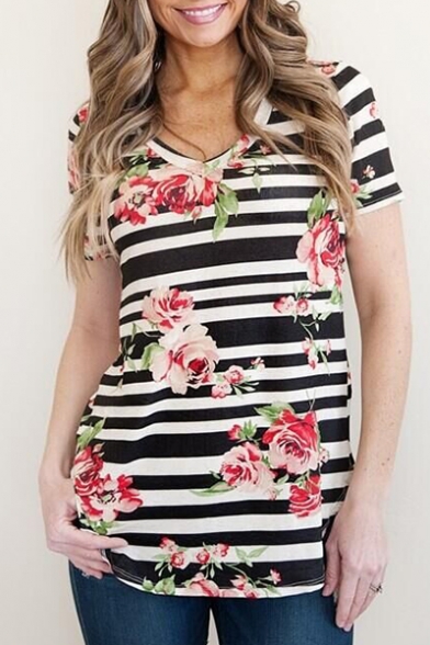 Striped Floral Printed V Neck Short Sleeve Leisure Tee