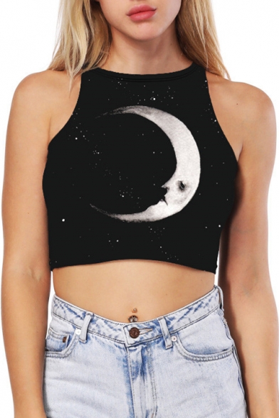 Top Design Moon Galaxy Print Sleeveless Slim Fit Cropped Summer Tank Top