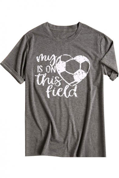 Unique Football Letter MY HEART IS ON THIS FIELD Print Round Neck Short Sleeves Summer T-shirt