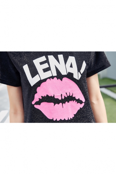 Unique LENA Letter Mouth Lips Print Round Neck Short Sleeves Casual Tee