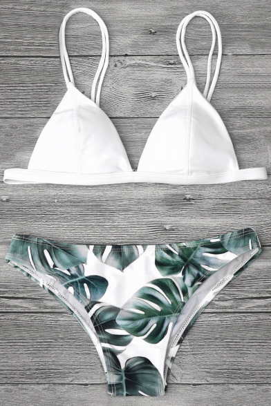 Women's Fashion Leaf Print Spaghetti Straps Simple Bikini Swimwear