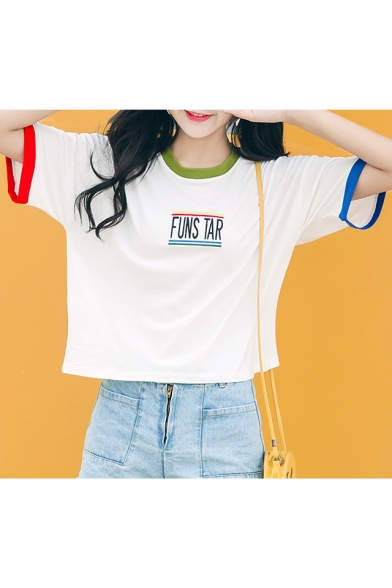 Contrast Trim Letter Embroidered Round Neck Short Sleeve Tee