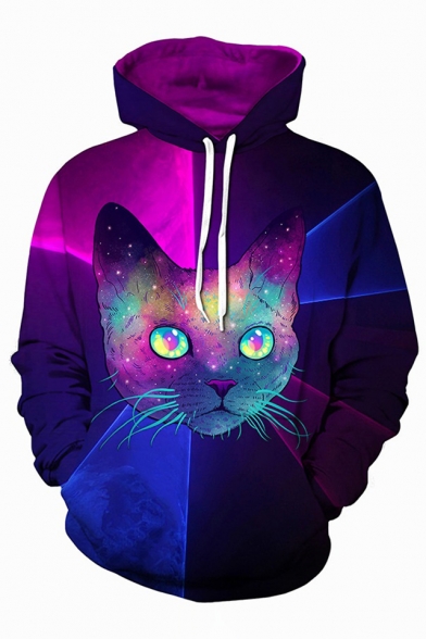Cool Cartoon Cat Print Color Block Long Sleeves Pullover Unisex Hoodie