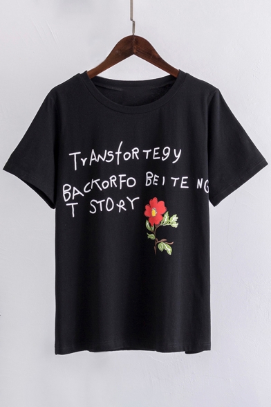 Fashionable Letter Floral Print Round Neck Short Sleeves Casual Tee