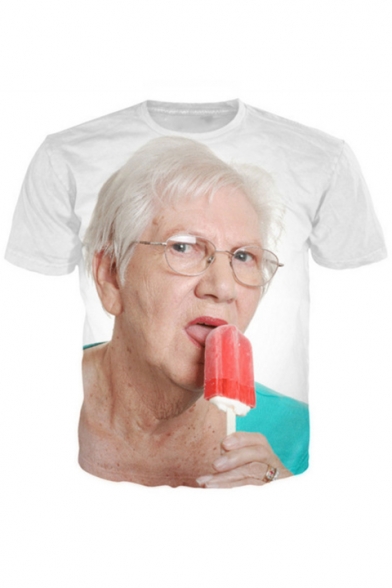 Funny Granny Popsicle Character Print Round Neck Short Sleeves Summer Tee