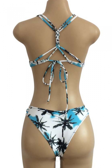 Holiday Coconut Tree Printed Hollow Out Spaghetti Straps Sleeveless Sexy Bikini