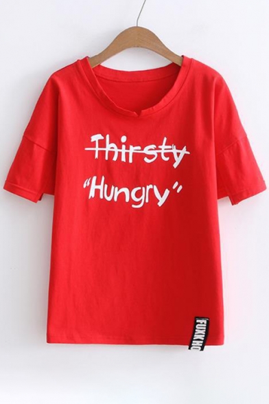 HUNGRY Letter Printed Round Neck Short Sleeve Tee