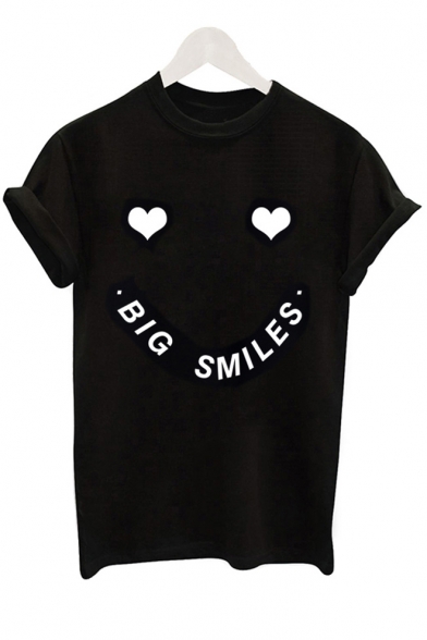 Natural Letter BIG SMILES Sweetheart Print Round Neck Short Sleeves Casual Tee