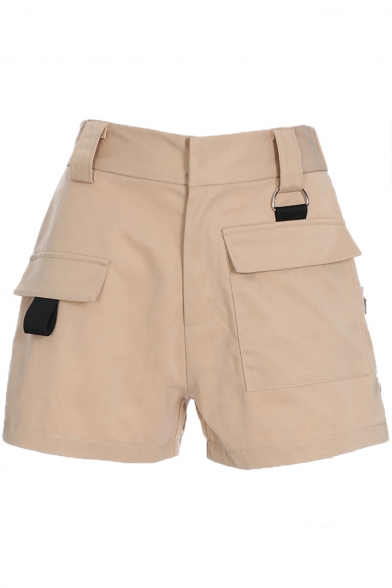 New Trendy Plain High Waist Loose Shorts with Pockets