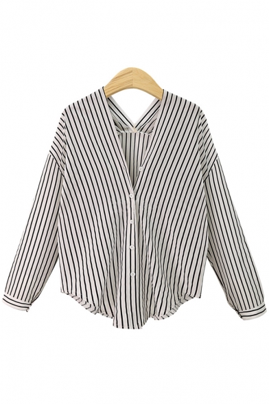 New Trendy V Neck Striped Printed Buttons Down Long Sleeve Shirt