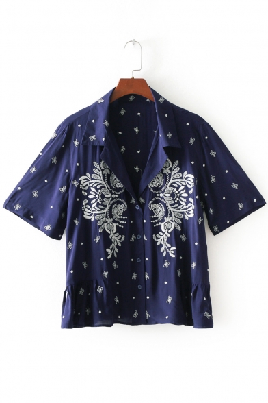 Notched Lapel Collar Floral Printed Short Sleeve Buttons Down Shirt