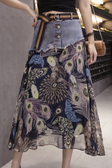 Peacock Feather Printed Chiffon Patched Buttons Fly Maxi Asymmetric Hem Skirt