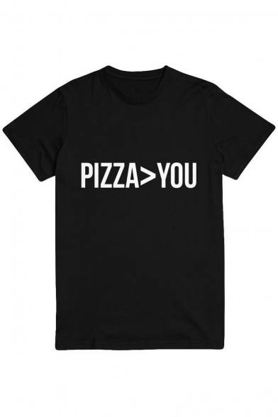 PIZZA>YOU Letter Print Round Neck Short Sleeve Tee