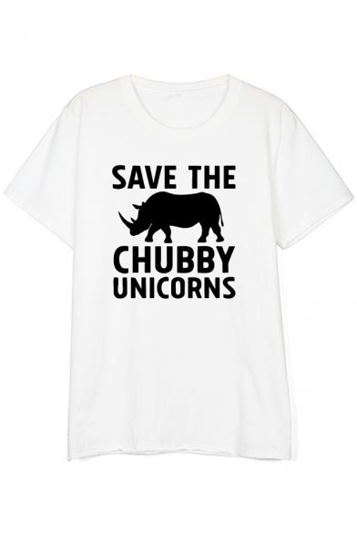 SAVE THE CHUBBY UNICORNS Letter Animal Printed Round Neck Short Sleeve Tee