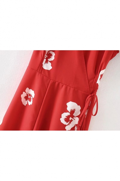 Summer Collection Bow Tie Belted Cap Sleeve Floral Print Mini Wrap Fashion Dress