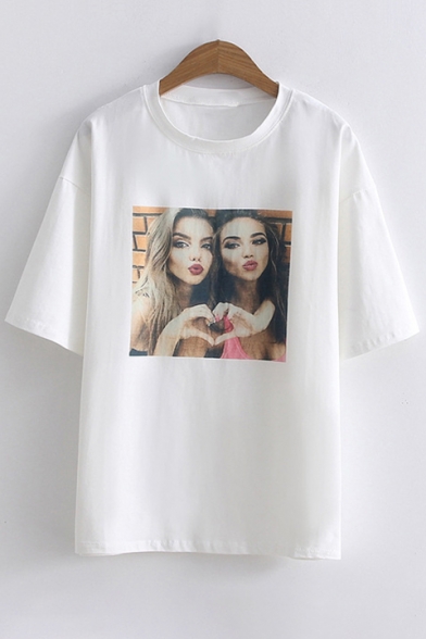 Unique Character Print Round Neck Short Sleeves Casual Loose Tee
