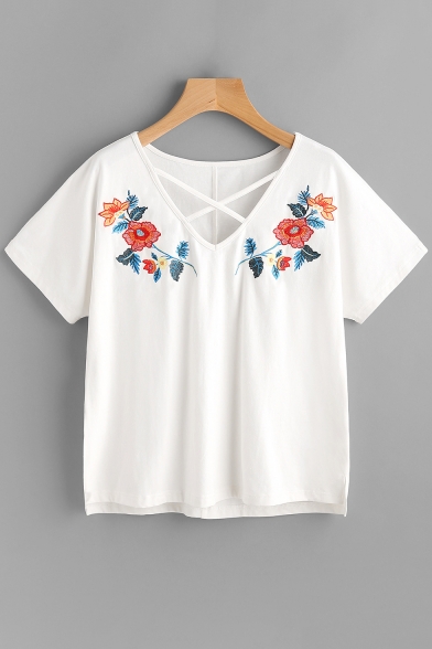 Unique Floral Embroidery Cross V Neck Short Sleeve Summer Casual Tee