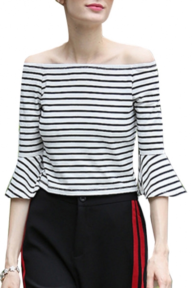 Basic Striped Printed Off The Shoulder 3/4 Length Sleeve Cropped Tee