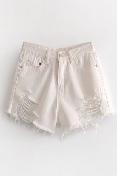 Chic Ripped Plain Zipper Fly High Waist Hot Pants Leisure Denim Shorts