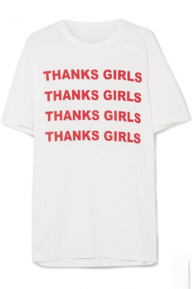 Chic THANKS GIRLS Letter Printed Round Neck Loose Short Sleeve Tee