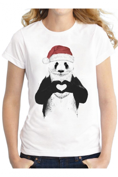 Christmas Theme Panda Santa with Hat Print Round Neck Short Sleeves Casual Tee