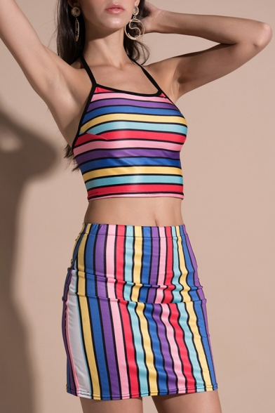 Colorful Rainbow Striped Pattern Cropped Cami with Mini Fancy Skirt
