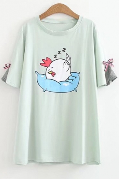 Cute Cartoon Sleeping Rooster Chicken Print Bow Sleeve Loose Summer Tee