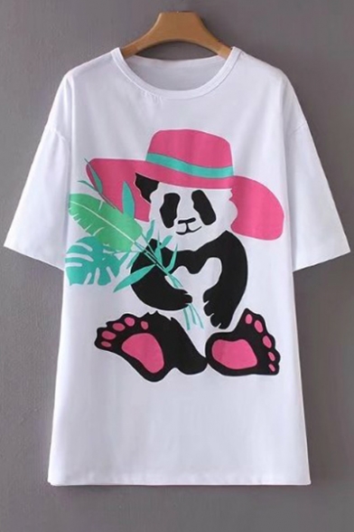 Cute Panda Hat Pattern Round Neck Short Sleeves Summer T-shirt
