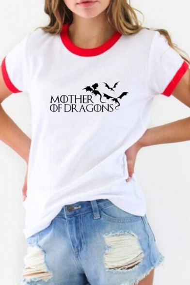 Fancy Letter MOTHER OF DRAGONS Graphic Print Contrast Trim Round Neck Summer Tee