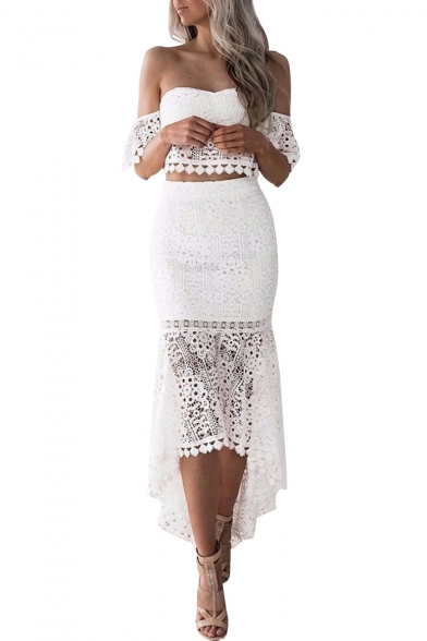 Fashion Plain Lace Panel Off the Shoulder Cropped Top with Dipped Hem Skirt