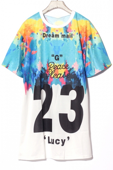 Fashionable Number Color Block Letter DREAM MAIL Print Summer Tunic Tee