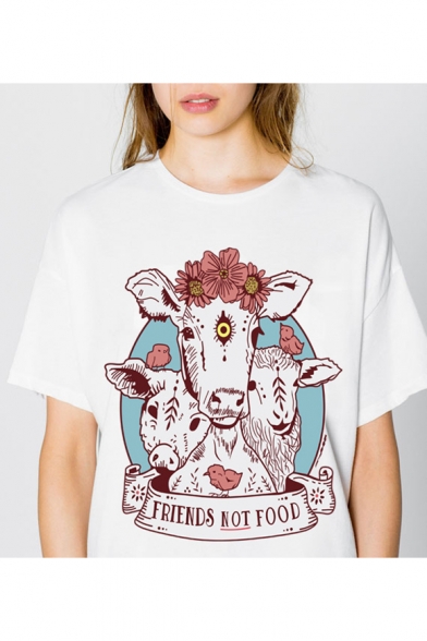 Floral Goat Letter Printed Round Neck Short Sleeve Comfort Tee