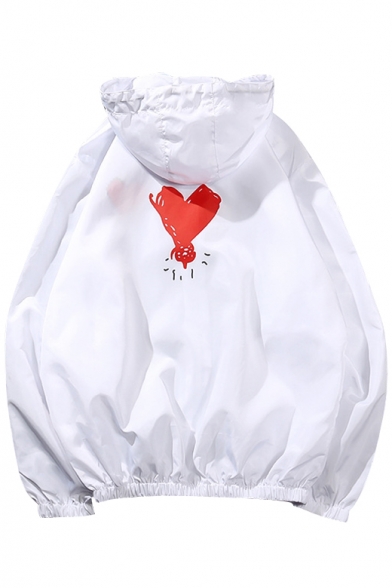 Heart Printed Back Long Sleeve Zip Up Sun-Proof Hooded Coat