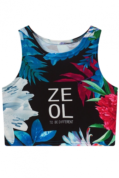 Hot Style ZEOL Letter Floral Print Round Neck Cropped Tank Top