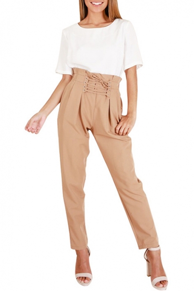 Lace Up Front Embellished High Waist Plain Leisure Pants