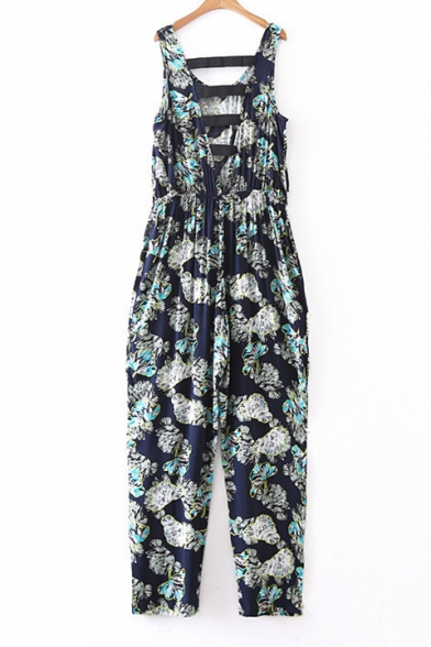 Loose Floral Printed Round Neck Sleeveless Hollow Out Back Elastic Waist Jumpsuit