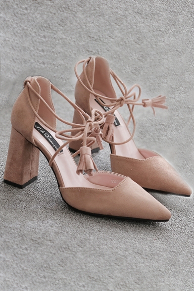 New Arrival Strappy Design Ankle Tied Tassel Detail High Heel Pointed Shoes