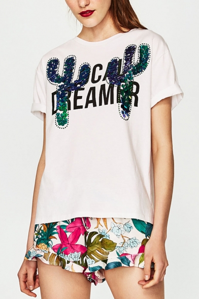 Sequined Cactus Letter Printed Round Neck Short Sleeve Summer Tee