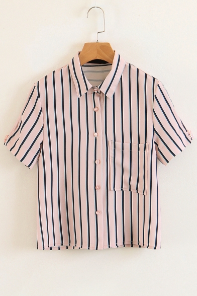 Striped Printed Lapel Collar Short Sleeve Buttons Down Shirt with Pocket