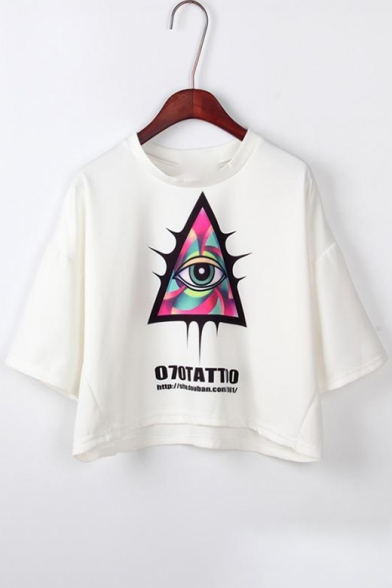 Triangle Eye Letter Printed Round Neck Short Sleeve Crop Tee