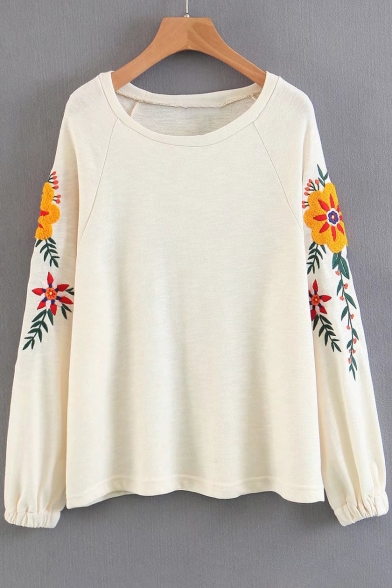 Vogue Floral Embroidered Round Neck Long Sleeve Pullover Loose Sweatshirt